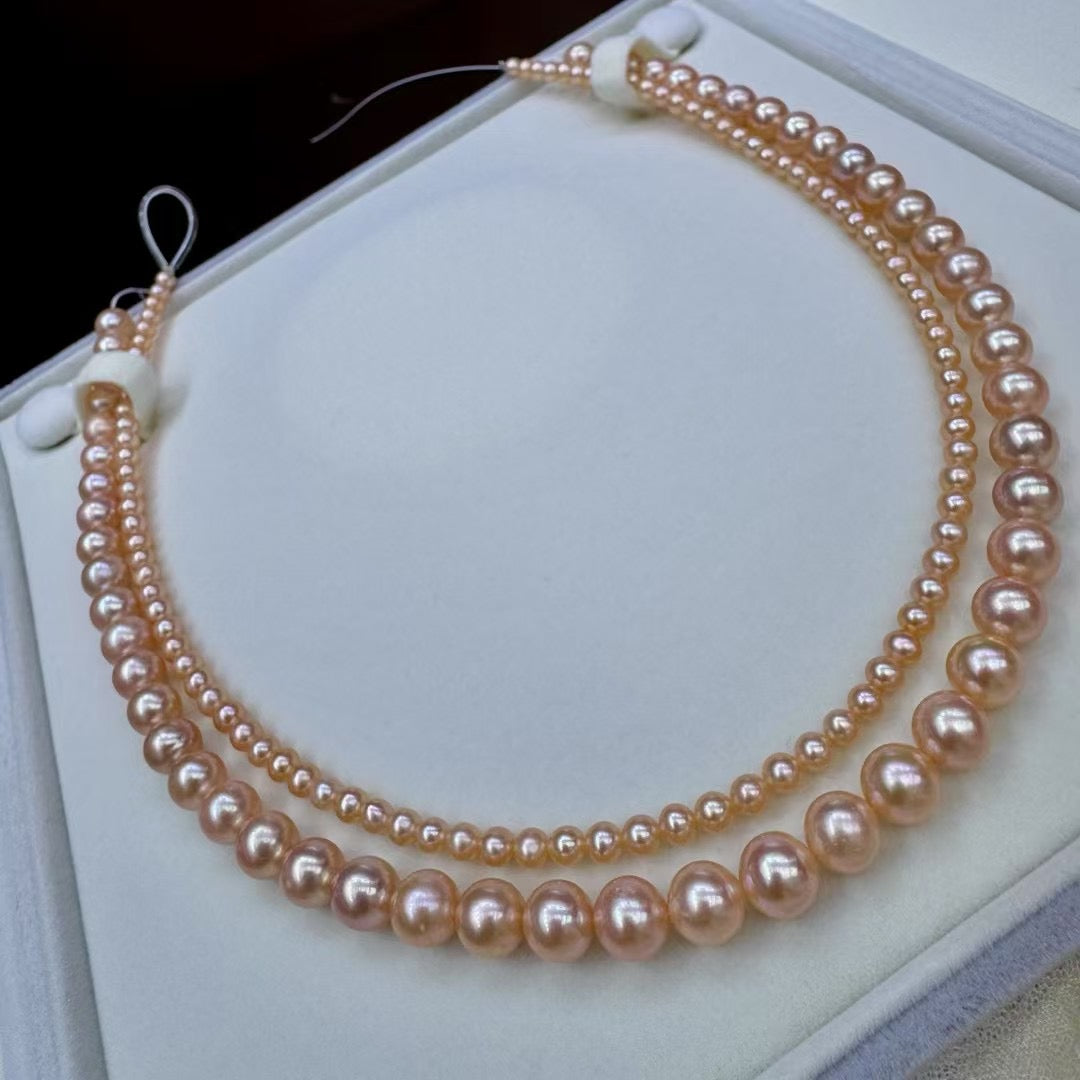 Top quality deep orange color freshwater pearls double necklace