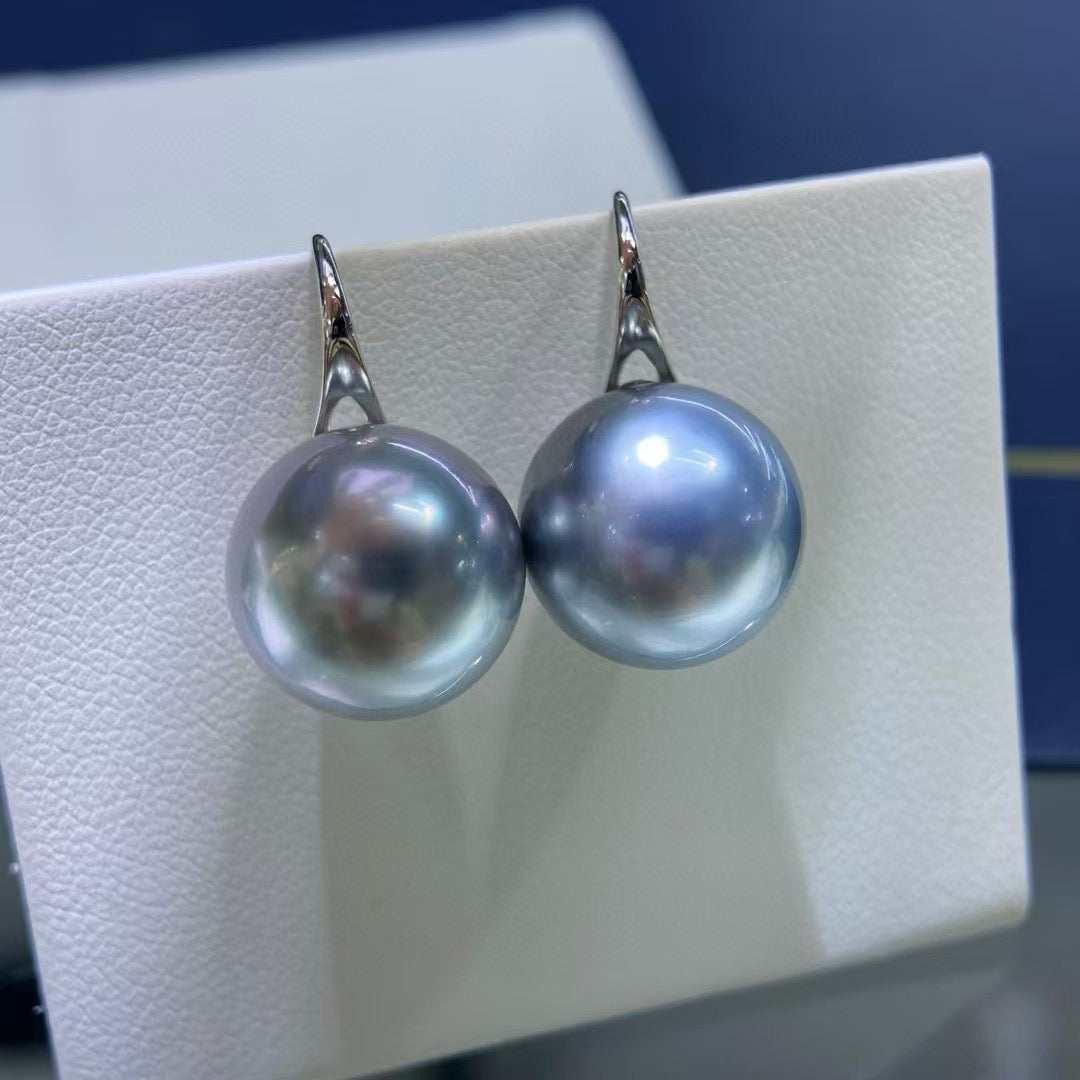 High quality aurora “ocean blue” platinum grey color Tahitian pearls earrings