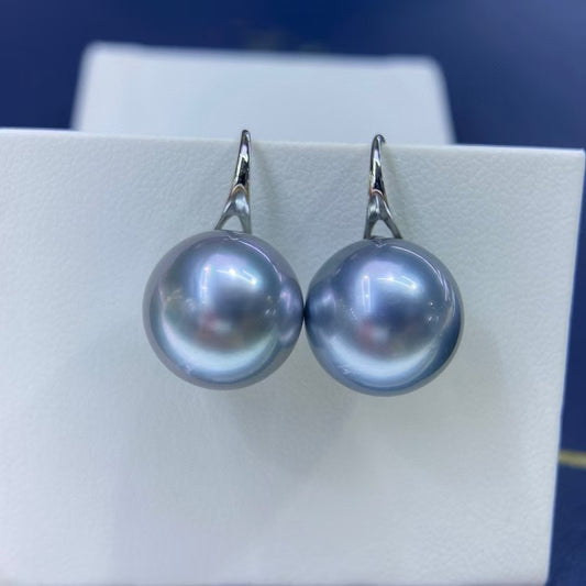 High quality aurora “ocean blue” platinum grey color Tahitian pearls earrings