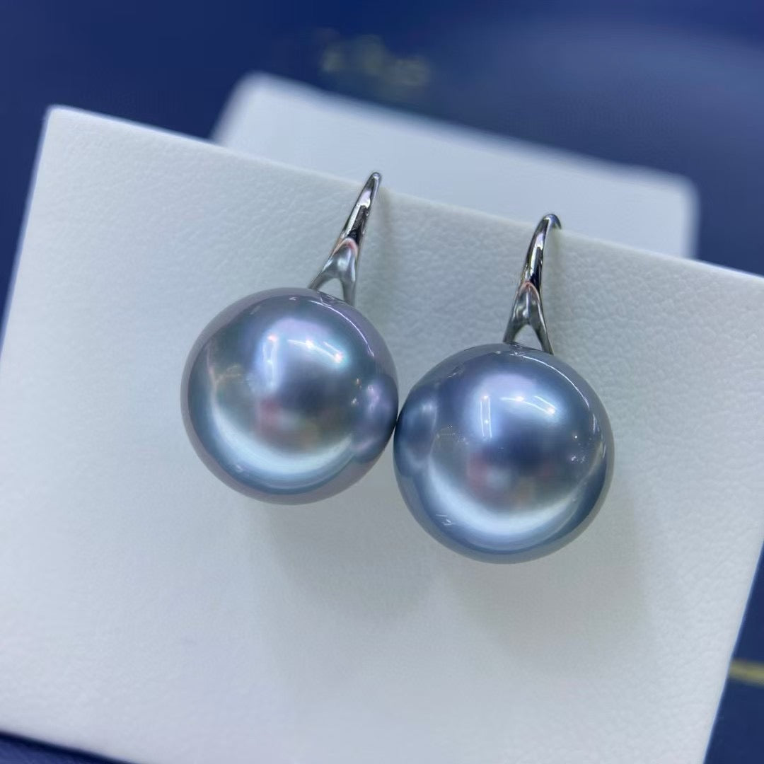 High quality aurora “ocean blue” platinum grey color Tahitian pearls earrings