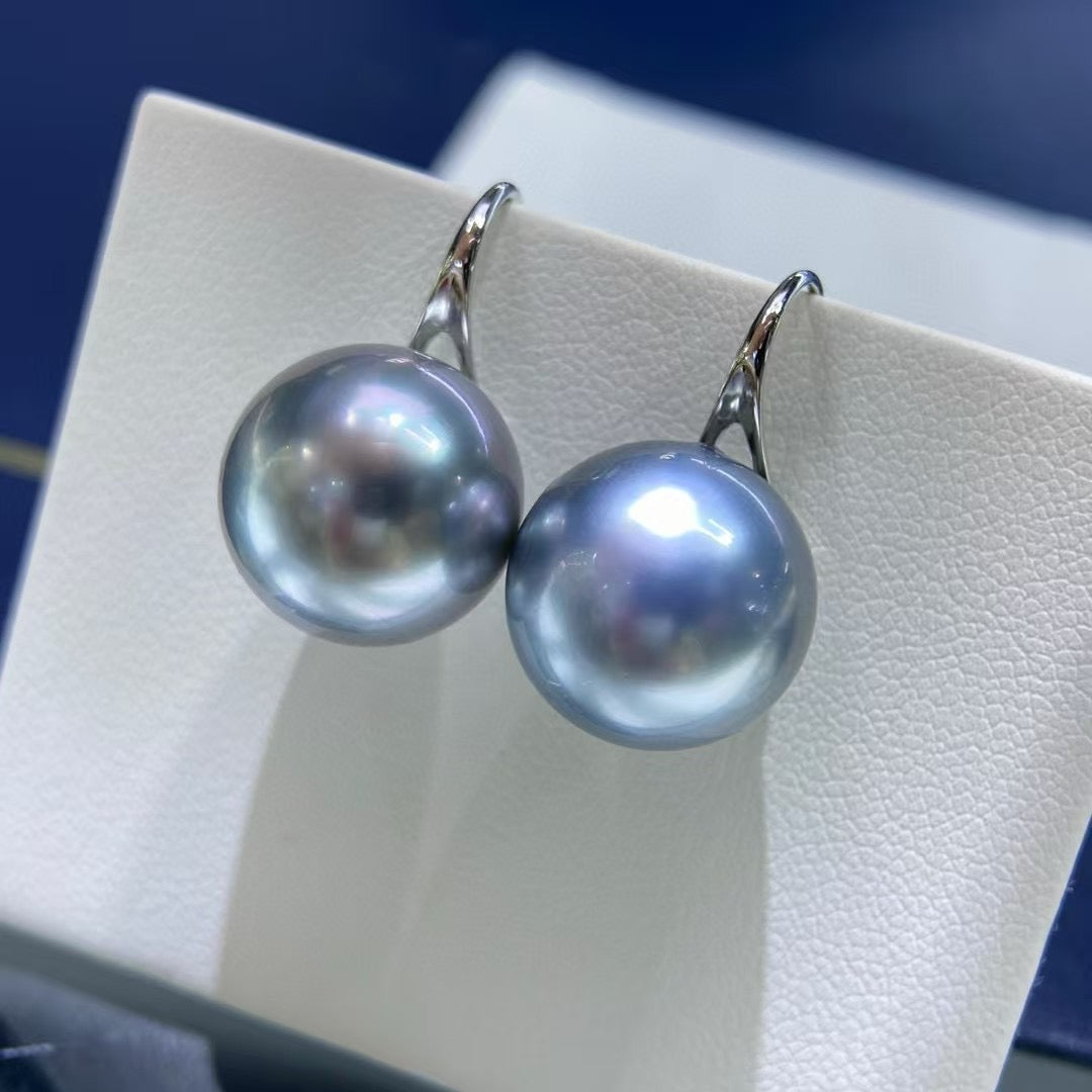 High quality aurora “ocean blue” platinum grey color Tahitian pearls earrings