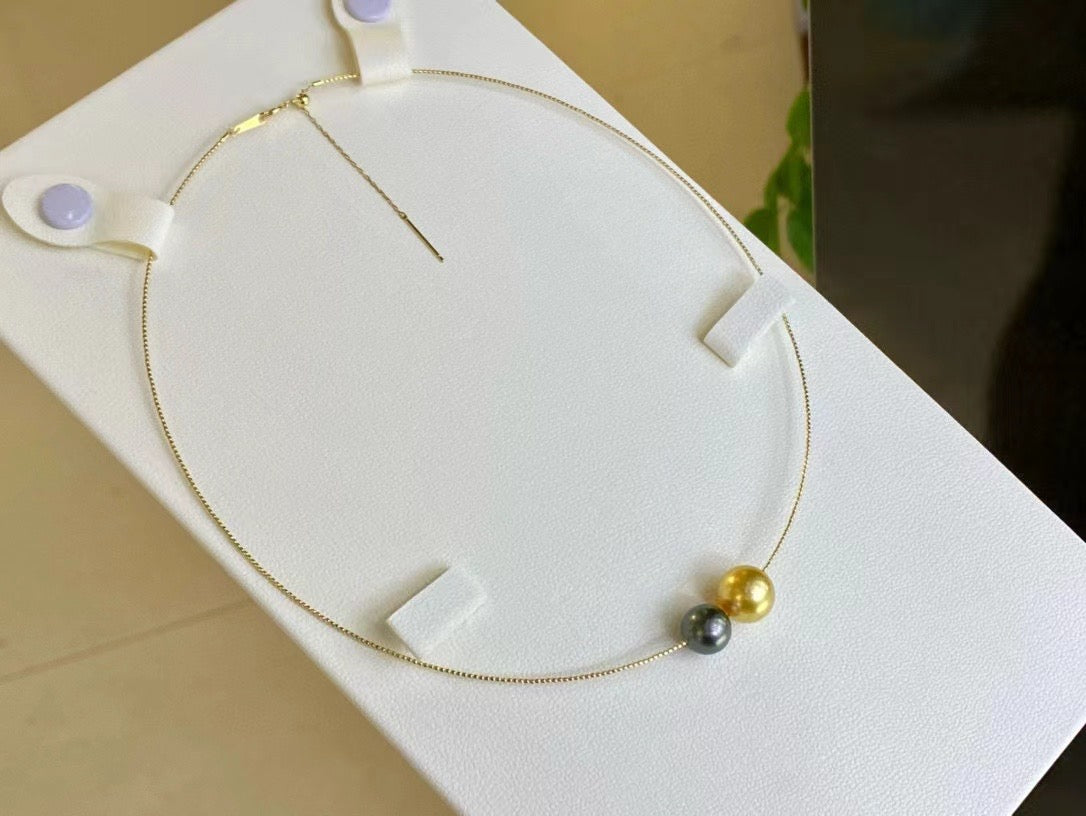 High quality deep gold color Golden southsea pearl & malachite green color Tahitian pearl necklace