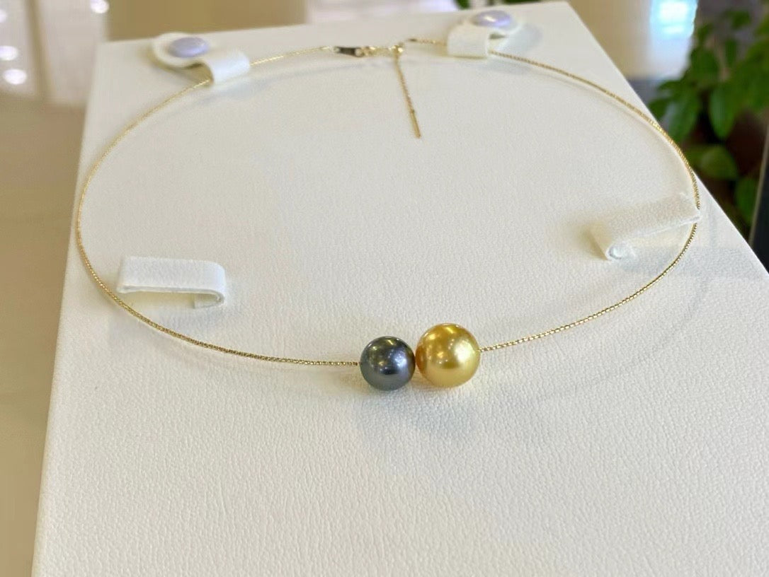 High quality deep gold color Golden southsea pearl & malachite green color Tahitian pearl necklace