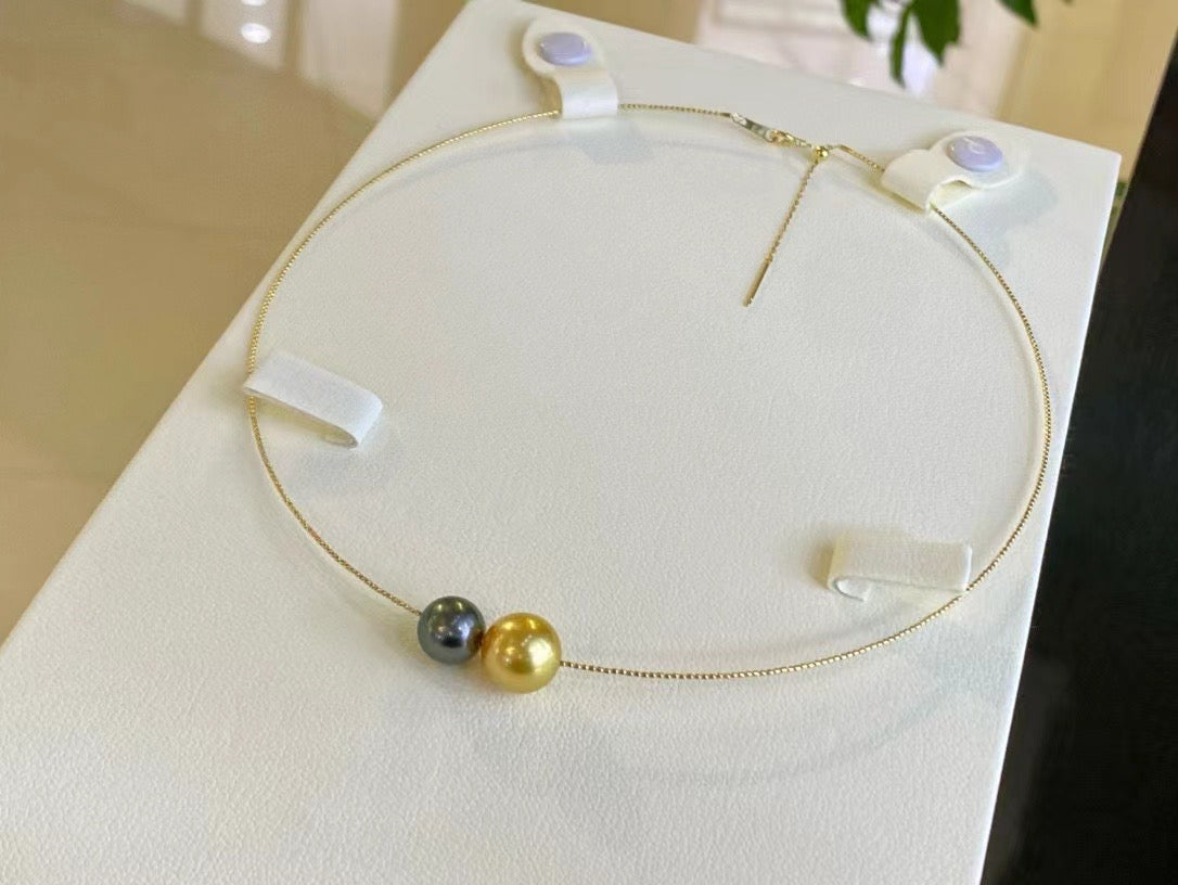 High quality deep gold color Golden southsea pearl & malachite green color Tahitian pearl necklace