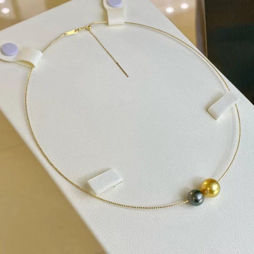 High quality deep gold color Golden southsea pearl & malachite green color Tahitian pearl necklace