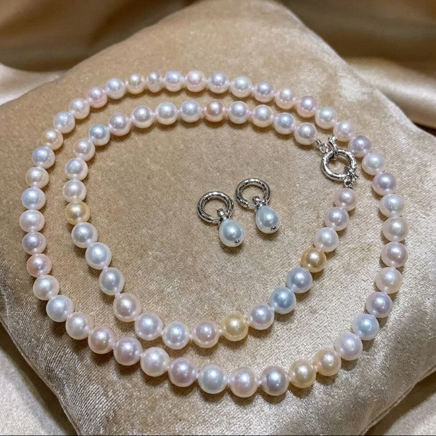 High quality aurora candy color seawater akoya pearls necklace & earrings a set