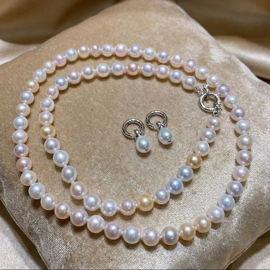 High quality aurora candy color seawater akoya pearls necklace & earrings a set